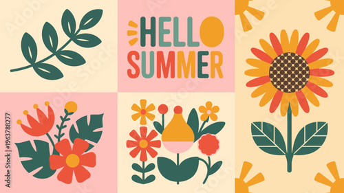 A colorful patterned illustration featuring summer botanicals flowers and the text hello summer in a grid layout high quality professional detailed modern elegant stylish clean crisp