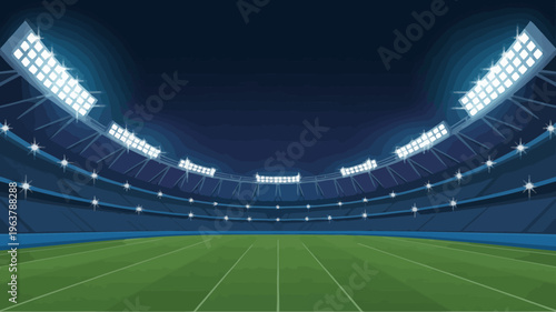An illustration depicts a brightly lit football stadium at night showcasing a green field and tiered seating arrangements high quality professional detailed modern elegant stylish clean