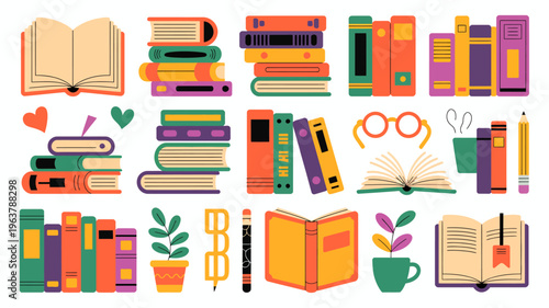 A colorful collection of stacked and open books alongside stationery items like glasses pencils and small potted plants high quality professional detailed modern elegant stylish clean