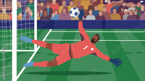 A digital illustration depicts a soccer goalkeeper diving to save a ball with a blurred crowd visible in the background high quality professional detailed modern elegant