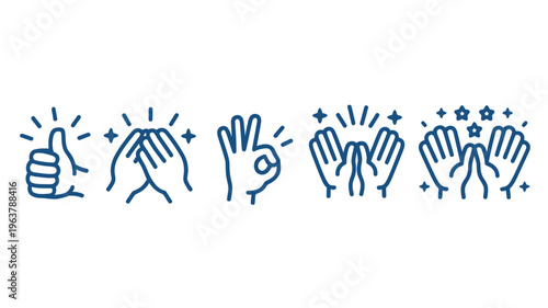 A collection of hand gestures including thumbs up clapping and celebratory poses are depicted in a simple blue line art style high quality professional detailed modern