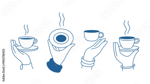 A minimalist illustration depicts four hands each offering or holding a steaming cup of coffee or tea high quality professional detailed modern elegant stylish clean crisp