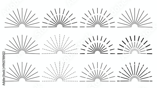 A minimalist illustration displays a grid of radiating lines resembling sunbursts or fan like patterns in black on a white background high quality professional detailed modern