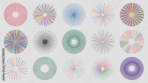 An arrangement of colorful circular patterns resembling fireworks or floral displays is presented against a pale gray background high quality professional detailed modern elegant stylish clean