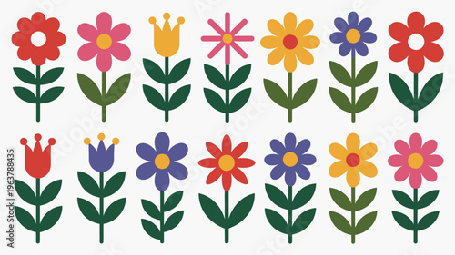 A vibrant collection of stylized flowers in various colors are arranged in neat rows showcasing a playful and cheerful botanical illustration high quality professional detailed modern