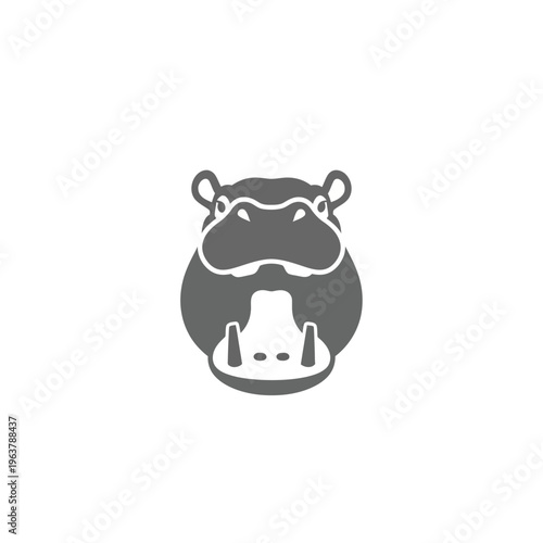 Charming and friendly gray hippopotamus head mascot icon in a simple flat vector design, perfect for children's brands, logos, or educational materials