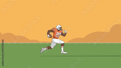 A cartoon illustration depicts a football player running with the ball on a vibrant green field under an orange sky high quality professional detailed modern elegant