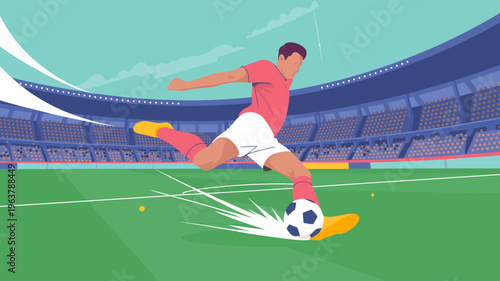 A dynamic illustration depicts a soccer player in mid kick powerfully striking a ball on a vibrant green field within a stadium high quality professional detailed