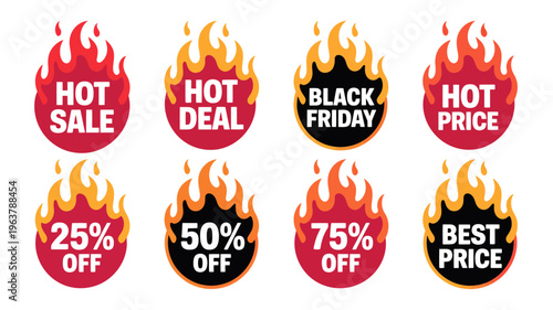 A collection of vibrant circular sale badges featuring fiery designs and promotional text advertising discounts and special offers high quality professional detailed modern elegant stylish clean