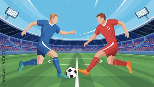An illustration depicts two soccer players in action facing each other on a vibrant green field within a large stadium setting high quality professional detailed modern