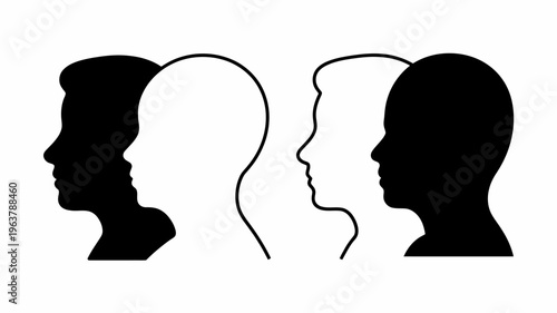 A minimalist illustration depicts two contrasting profiles one dark and one light facing each other and creating a symbolic connection high quality professional detailed modern elegant