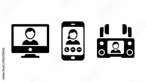 A set of three black silhouette icons depicts video conferencing across various devices a computer a smartphone and a camera high quality professional detailed modern elegant