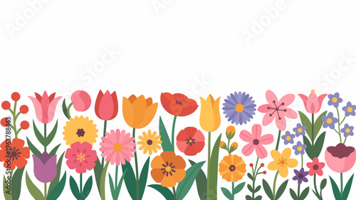 A colorful and cheerful arrangement of stylized flowers and lush green leaves creates a vibrant floral border design high quality professional detailed modern elegant stylish clean