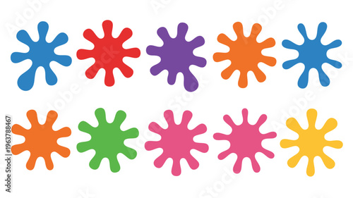 An assortment of colorful abstract splatter shapes are arranged in two rows against a stark white background high quality professional detailed modern elegant stylish clean crisp