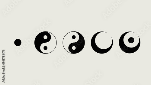 A series of evolving yin and yang symbols demonstrates a transition from full form to crescent shape progressing across a neutral background high quality professional detailed