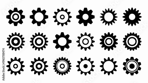A collection of black and white gear icons are displayed against a clean white background showcasing various designs and sizes high quality professional detailed modern elegant