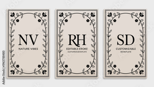 Three rectangular frames with floral designs and initialed letters displaying phrases like nature vibes and customizable high quality professional detailed modern elegant stylish clean crisp vibrant