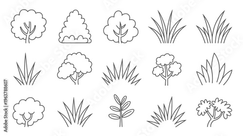 A collection of minimalist black and white line art illustrations depict various types of trees shrubs and grasses in a botanical arrangement high quality professional detailed