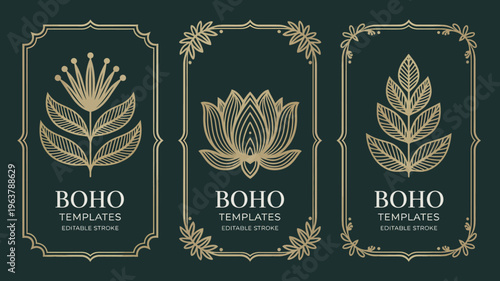 Three ornate gold toned frames display botanical illustrations with the word boho beneath suitable for templates and design elements high quality professional detailed modern elegant stylish