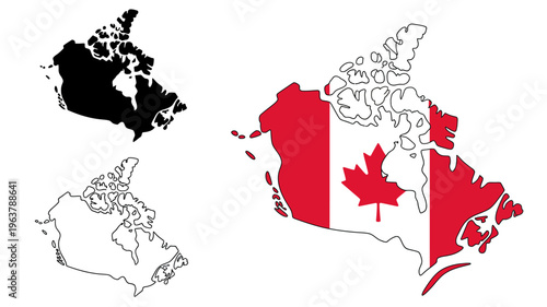 This image showcases three distinct representations of canada a solid black silhouette a white outline and a colored map high quality professional detailed modern elegant stylish