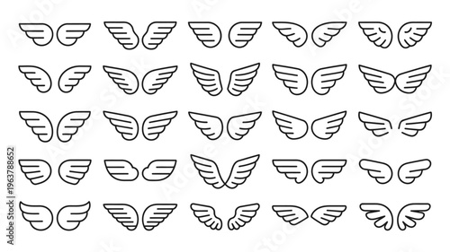 A collection of various black and white wing designs is displayed in a grid pattern showcasing different styles and shapes high quality professional detailed modern elegant
