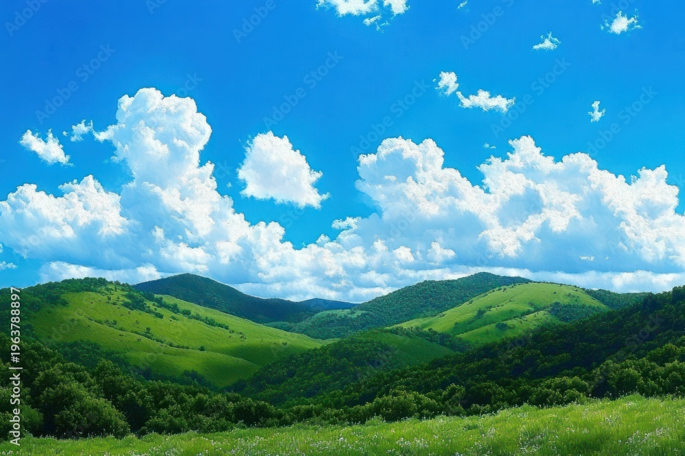 Fototapeta premium sunny rolling green hills and meadow under bright blue sky with fluffy white clouds conveying peaceful tranquil countryside