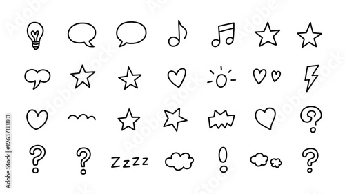A collection of simple black and white line icons depicting various concepts like ideas communication music and emotions high quality professional detailed modern elegant stylish clean