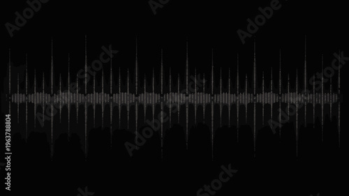 A grayscale waveform visualization dominates the image depicting sound or signal patterns against a stark black background high quality professional detailed modern elegant stylish clean crisp