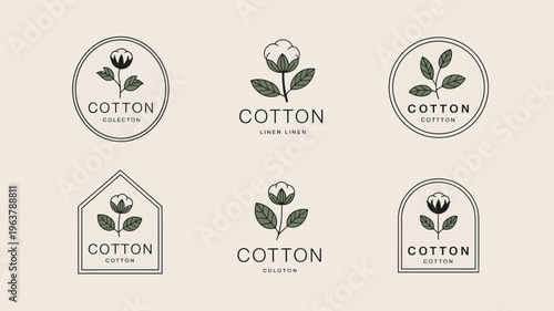 A collection of minimalist cotton themed logo designs featuring botanical illustrations and simple typography in neutral tones high quality professional detailed modern elegant stylish clean crisp