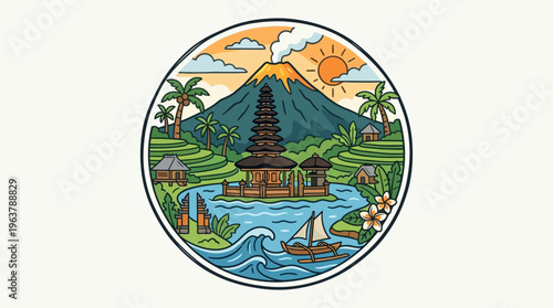 Bali Landscape Emblem with Volcano Temple and Sea