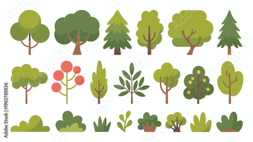 A colorful collection of cartoon trees and bushes are displayed on a white background showcasing diverse shapes and foliage high quality professional detailed modern elegant stylish