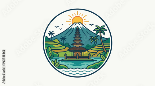 Bali Landscape Emblem with Iconic Temple and Volcano