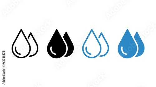 A graphic displays four variations of water droplet icons showcasing different colors and styles for design purposes high quality professional detailed modern elegant stylish clean crisp