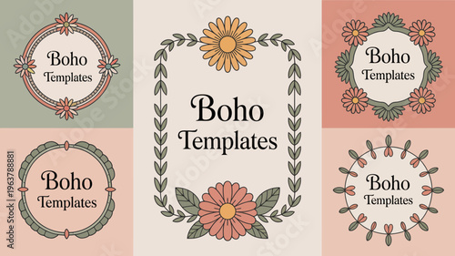 A collection of boho themed templates featuring floral wreaths and the text boho templates in varying arrangements high quality professional detailed modern elegant stylish clean crisp