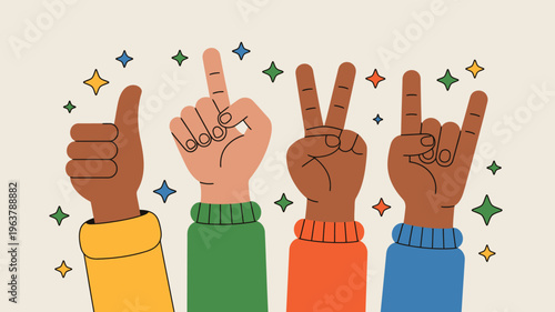 An illustration depicts four diverse hands making different gestures thumbs up pointing peace sign and rock on high quality professional detailed modern elegant stylish clean crisp