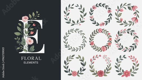 An artistic composition features a large floral letter e alongside a collection of delicate wreath and botanical illustrations high quality professional detailed modern elegant stylish clean