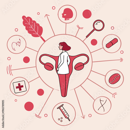 Female reproductive health icons and symbols surrounding a uterus illustration in a pink environment from a direct viewpoint