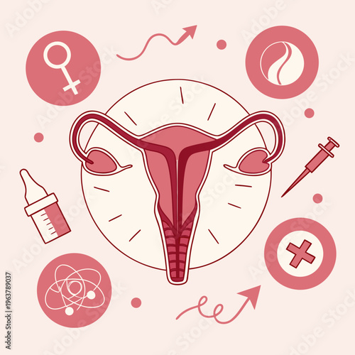 Female reproductive health icons and symbols surrounding a uterus illustration in a pink environment from a direct viewpoint