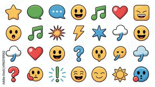 A colorful collection of various cartoonish emoji and symbols are displayed including hearts stars musical notes and expressive faces high quality professional detailed modern elegant stylish