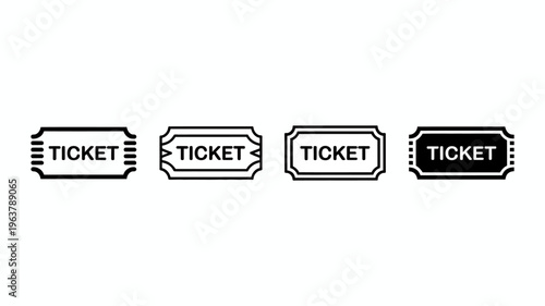 A simple graphic displays four black ticket icons in varying styles all labeled with the word ticket in bold lettering high quality professional detailed modern elegant