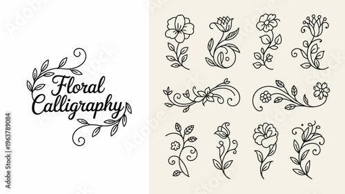 A collection of delicate floral calligraphy elements and botanical line art featuring blossoms leaves and swirling decorative flourishes high quality professional detailed modern elegant stylish clean