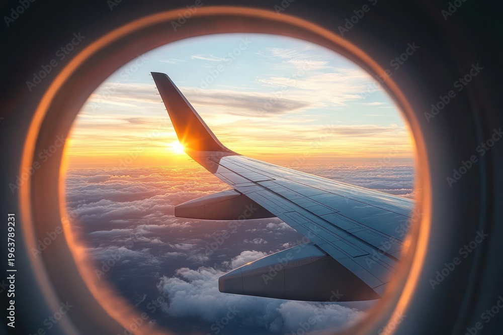 Obraz premium airplane wing framed by oval window above a sea of clouds at sunrise with a golden sunburst, calm and awe-inspiring mood