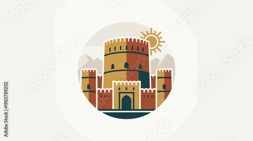 Stylized Vector Image of a Medieval Castle and Sun