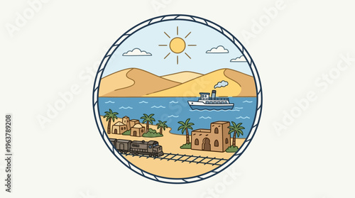 Desert Landscape with Cruise Ship and Train