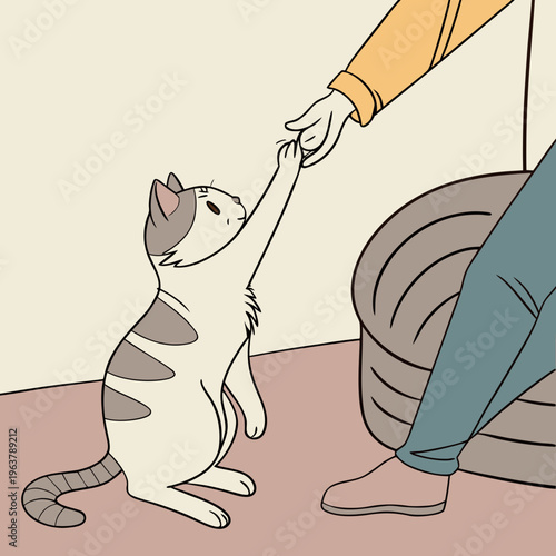 A cat extends its paw to connect with a person's hand during a quiet time together. The soft fur and gentle gesture show trust.