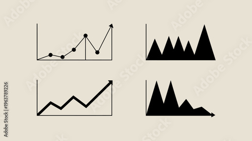 A minimalist graphic displays four distinct chart icons representing data trends growth decline and statistical analysis high quality professional detailed modern elegant stylish clean crisp vibrant