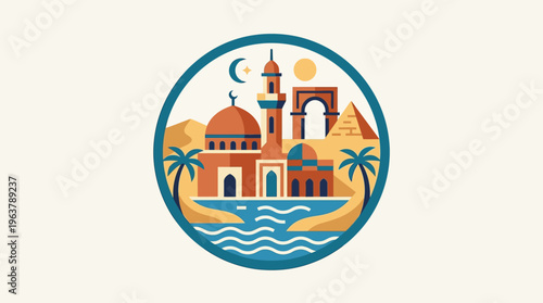Egyptian Landmarks in a Circular Emblem Design