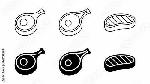 A collection of simple black and white line art icons depicting fried eggs and various cuts of grilled or pan fried meat high quality professional detailed