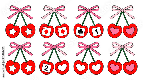 A colorful arrangement displays cherries with various symbols and numbers on their surfaces all tied with pink bows high quality professional detailed modern elegant stylish clean