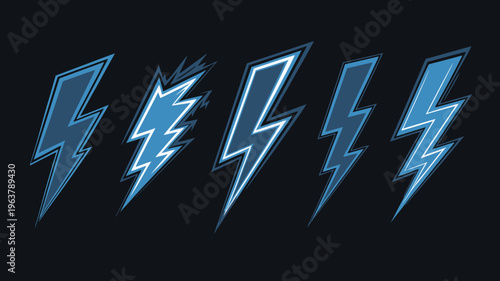 A vibrant collection of stylized lightning bolts in shades of blue against a dark solid black background is prominently displayed high quality professional detailed modern elegant